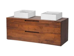 Móvel De Casa De Banho Suspenso Em Teca Escura Com Lavatório Duplo Com 2 Gavetas De 115 Cm - Bimbing