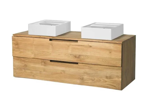 Móvel De Casa De Banho Suspenso Em Teca Clara Com Lavatório Duplo Com 2 Gavetas De 115 Cm - Bimbing