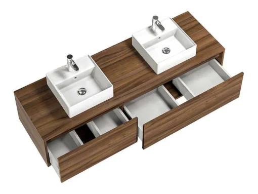 Móvel De Casa De Banho Suspenso Cor Natural Escura Com Lavatório Duplo C150 Cm - Isaure Ii