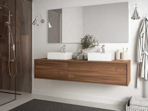 Móvel De Casa De Banho Suspenso Cor Natural Escura Com Lavatório Duplo C150 Cm - Isaure Ii