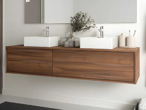 Móvel De Casa De Banho Suspenso Cor Natural Escura Com Lavatório Duplo C150 Cm - Isaure Ii