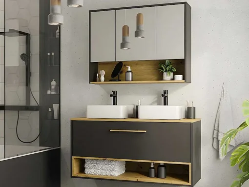 Móvel De Casa De Banho Suspenso Cor Antracite Com Lavatório Duplo E Armário De Casa De Banho De 120 Cm - Yangra