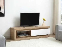 Móvel De Tv 1 Gaveta E 1 Nicho Com Leds Mdf Natural E Lacado A Branco - Flarancia