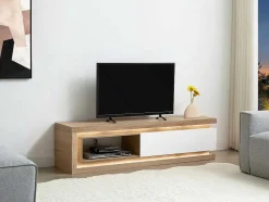 Móvel De Tv 1 Gaveta E 1 Nicho Com Leds Mdf Natural E Lacado A Branco - Flarancia