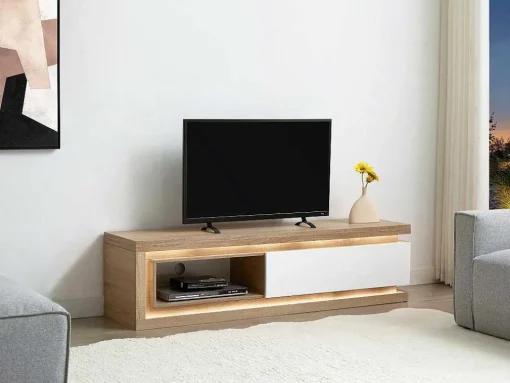 Móvel De Tv 1 Gaveta E 1 Nicho Com Leds Mdf Natural E Lacado A Branco - Flarancia