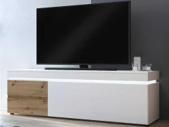 Móvel De Tv 1 Porta E 2 Gavetas Com Leds Natural E Lacado A Branco - Dolona