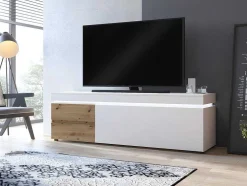 Móvel De Tv 1 Porta E 2 Gavetas Com Leds Natural E Lacado A Branco - Dolona