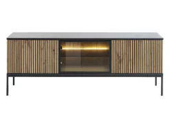 Móvel De Tv 3 Portas Com Leds Mdf E Vidro Fumado Preto E Natural - Ovila