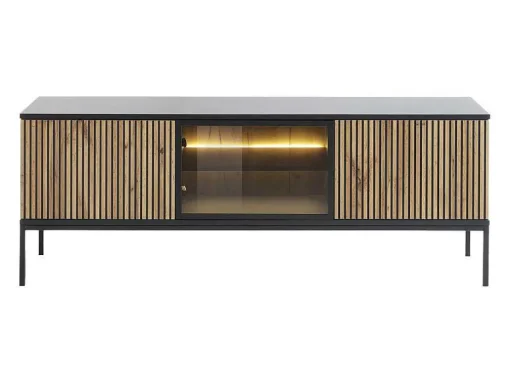 Móvel De Tv 3 Portas Com Leds Mdf E Vidro Fumado Preto E Natural - Ovila