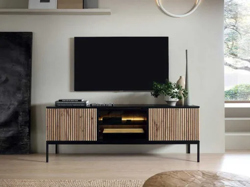 Móvel De Tv 3 Portas Com Leds Mdf E Vidro Fumado Preto E Natural - Ovila