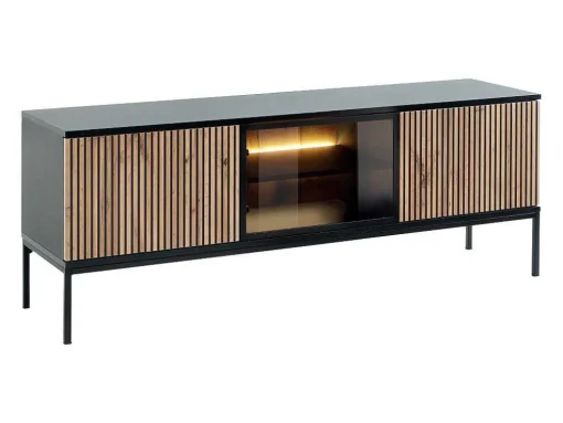 Móvel De Tv 3 Portas Com Leds Mdf E Vidro Fumado Preto E Natural - Ovila