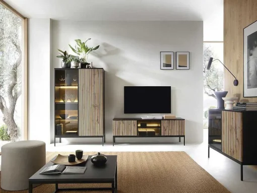Móvel De Tv 3 Portas Com Leds Mdf E Vidro Fumado Preto E Natural - Ovila