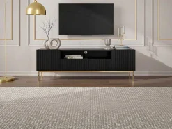 Móvel De Tv Com 2 Portas, 2 Gavetas E 2 Nichos Em Mdf E Aco Preto E Dourado - Evilana
