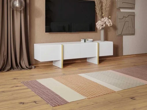Móvel De Tv Com 4 Portas Em Mdf Branco E Dourado - Luvonia