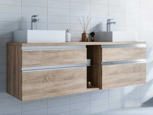 Móvel Suspenso De Casa De Banho Com Lavatório Duplo Cor Natural Clara 150 Cm - Magdalena Ii