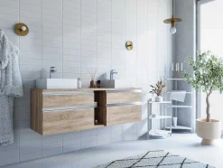 Móvel Suspenso De Casa De Banho Com Lavatório Duplo Cor Natural Clara 150 Cm - Magdalena Ii