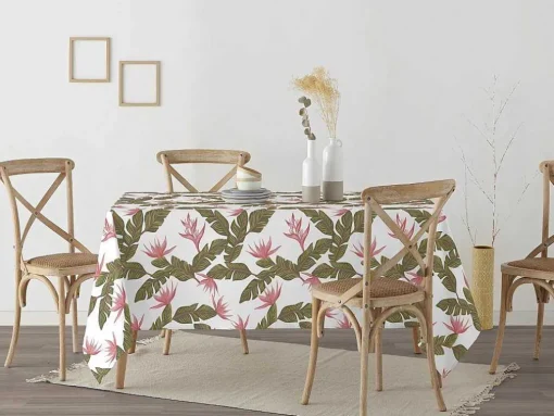 Nappe Anti-Taches 100% Coton 1 Piece Blanc A Motifs Vegetaux 140X140