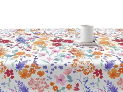 Nappe Anti-Taches 100% Coton 1 Piece Blanc A Fleurs Vives 140X140