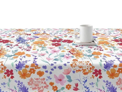 Nappe Anti-Taches 100% Coton 1 Piece Blanc A Fleurs Vives 140X140