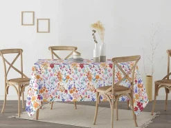 Nappe Anti-Taches 100% Coton 1 Piece Blanc A Fleurs Vives 140X140