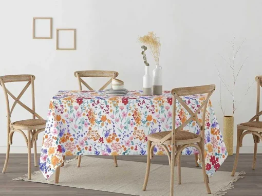 Nappe Anti-Taches 100% Coton 1 Piece Blanc A Fleurs Vives 140X140