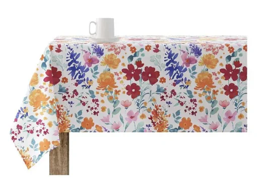 Nappe Anti-Taches 100% Coton 1 Piece Blanc A Fleurs Vives 140X140
