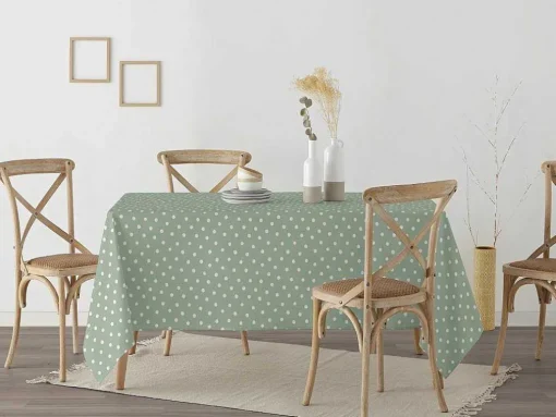 Nappe Anti-Taches 100% Coton 1 Piece Vert A Pois Blancs 140X140