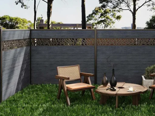 Paineis De Vedacao Para Enterrar A181 Cm, Kit De 7 Laminas Em Composito Com Decoração + 2 Postes Antracite - Enola