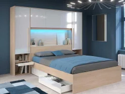 Ponte De Cama Com Espacos De Arrumação Com Leds C265 Cm Cor Branco Brilhante E Natural - Velona
