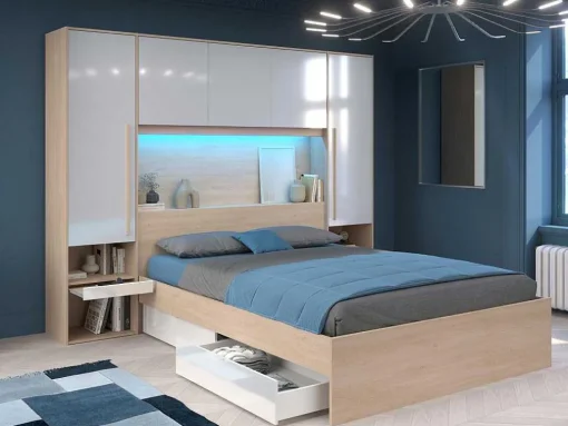 Ponte De Cama Com Espacos De Arrumação Com Leds C265 Cm Cor Branco Brilhante E Natural - Velona