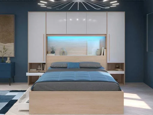 Ponte De Cama Com Espacos De Arrumação Com Leds C265 Cm Cor Branco Brilhante E Natural - Velona