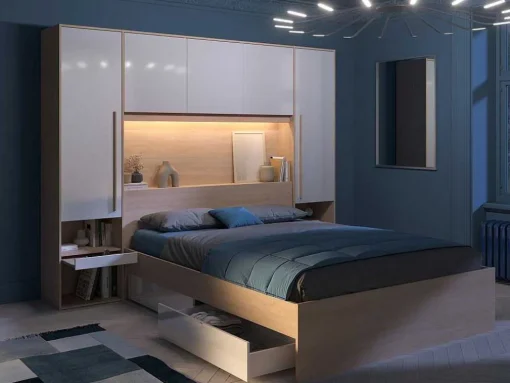 Ponte De Cama Com Espacos De Arrumação Com Leds C265 Cm Cor Branco Brilhante E Natural - Velona