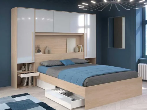 Ponte De Cama Com Espacos De Arrumação Com Leds C265 Cm Cor Branco Brilhante E Natural - Velona