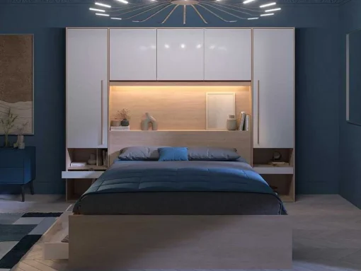 Ponte De Cama Com Espacos De Arrumação Com Leds C265 Cm Cor Branco Brilhante E Natural - Velona