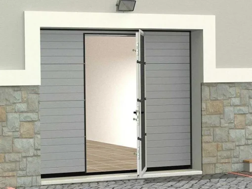 Porta De Garagem Seccionada Efeito Ranhurado Com Porta Central Cinza Com Motor Somfy - Noria
