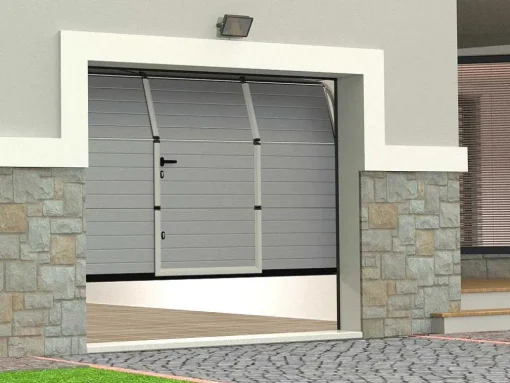 Porta De Garagem Seccionada Efeito Ranhurado Com Porta Central Cinza Com Motor Somfy - Noria
