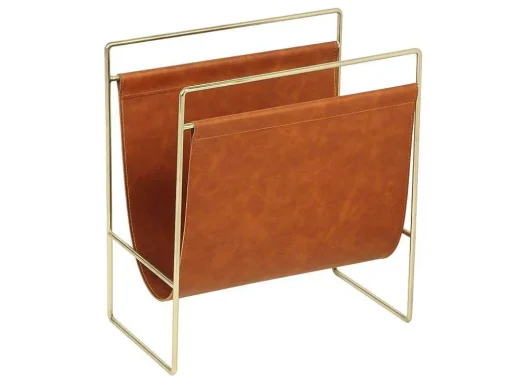 Porta-Revistas Vintage Em Pele Sintética C38 X L22 X A41 Cm, Metal E Pele Sintética Castanha - Ferri
