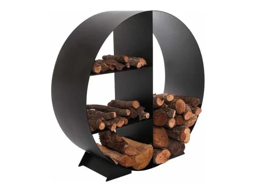 Porte-Bois Circulaire Avec 4 Etageres En Acier Noir