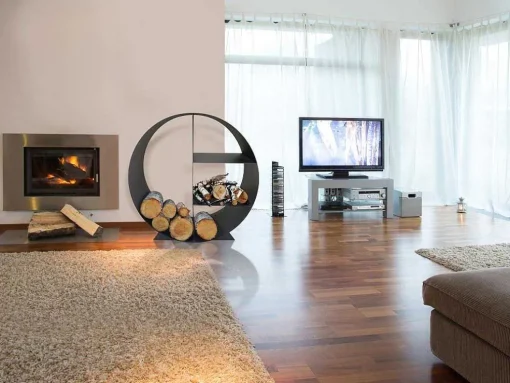 Porte-Bois Circulaire Avec 4 Etageres En Acier Noir