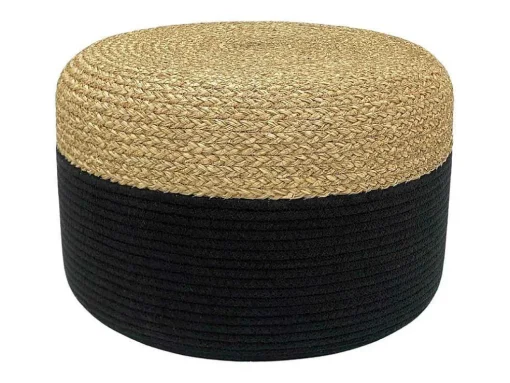 Pufe Redondo Em Rotim Natural Claro E Preto - Salveti