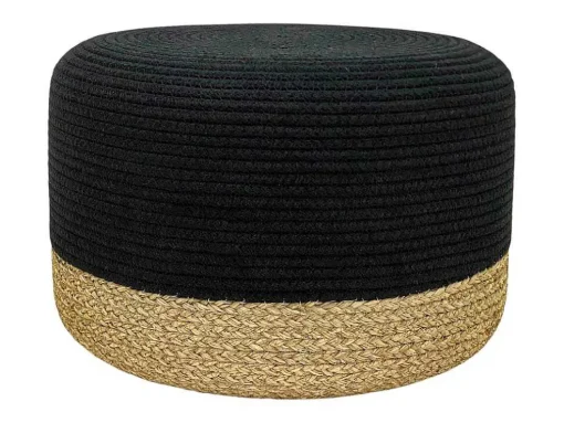 Pufe Redondo Em Rotim Natural Claro E Preto - Salveti