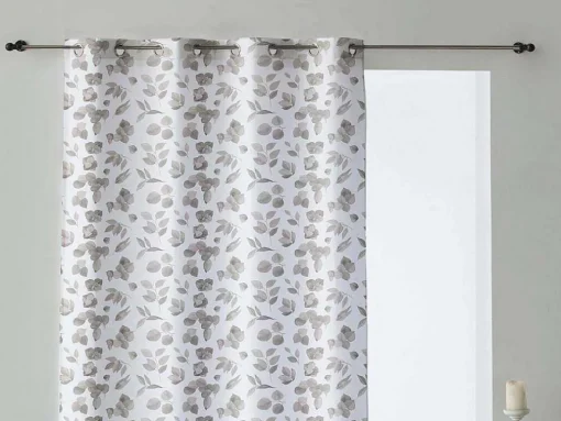 Rideau 100% Coton 1 Piece Gris A Feuilles Vertes 140X260