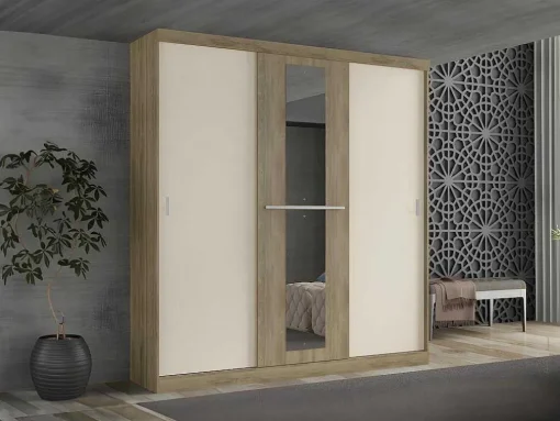 Roupeiro - 3 Portas De Correr - Com Espelho - L205 Cm - Natural E Beige - Didda