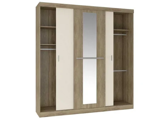 Roupeiro - 3 Portas De Correr - Com Espelho - L205 Cm - Natural E Beige - Didda
