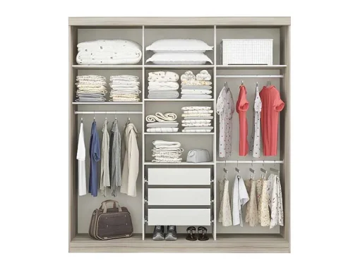 Roupeiro - 3 Portas De Correr - Com Espelho - L205 Cm - Natural E Beige - Didda