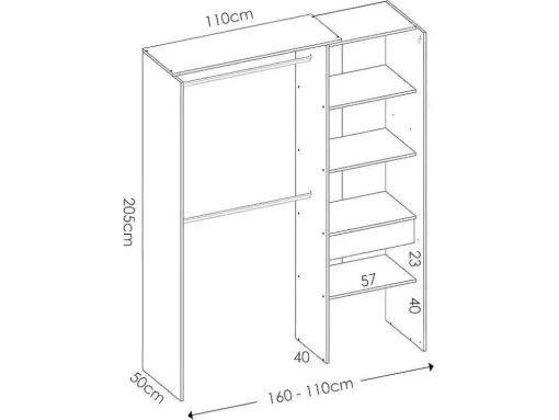 Roupeiro Aberto De Canto Extensivel De C164/214 Cm Cor Branco E Cinza - Gontran