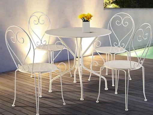 Sala De Jantar De Jardim Em Metal Estilo Ferro Forjado: Uma Mesa E 4 Cadeiras Brancas - Guermantes