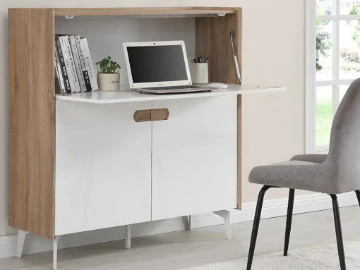Secretária Com 3 Portas Mdf E Metal Cor Natural E Branco - Derelis