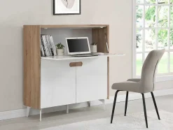 Secretária Com 3 Portas Mdf E Metal Cor Natural E Branco - Derelis