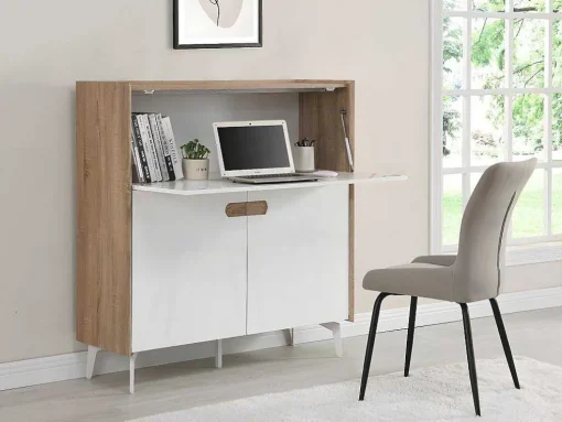 Secretária Com 3 Portas Mdf E Metal Cor Natural E Branco - Derelis